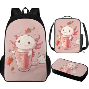 Axolotl Kids Backpack for Girls Elementary Kindergarten Preschool Lightweight Bookbag with Leakproof Lunch Box and Large Capacity Pencil Box for School, 3 Pcs Set