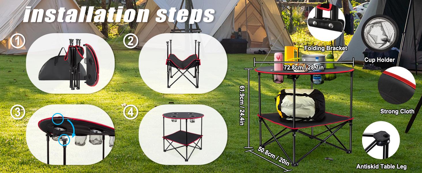 Lightweight Portable Folding Camping Table with Waterproof Canvas Aluminum Frame 4 Cup Holders Double Shelves Carry Bag for Camping Beach Tailgating Outdoor Activities