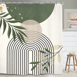 Sage Green Abstract Shower Curtain, Modern Mid Century Plant Leaves Minimalist Neutral Aesthetic Waterproof Bathroom Decor