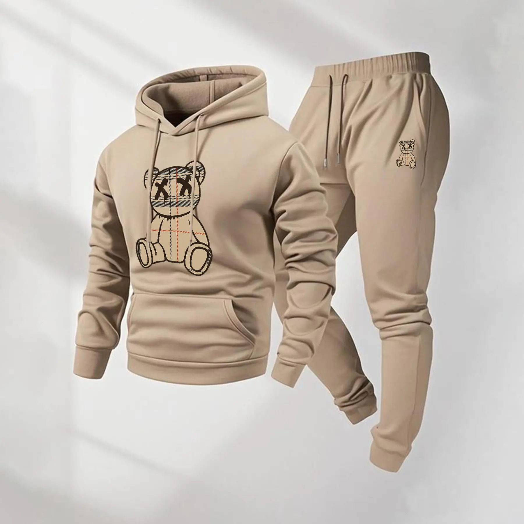 Men's Cute Bear Patterned Hoodie And Drawstring Track Pants Set, Men's Casual Athletic Long-Sleeved Hooded Jacket And Pants, Suitable For Fall And Winter, Street Style Hoodie Set, Men's Everyday Wear, Indoor And Outdoor Sportswear,