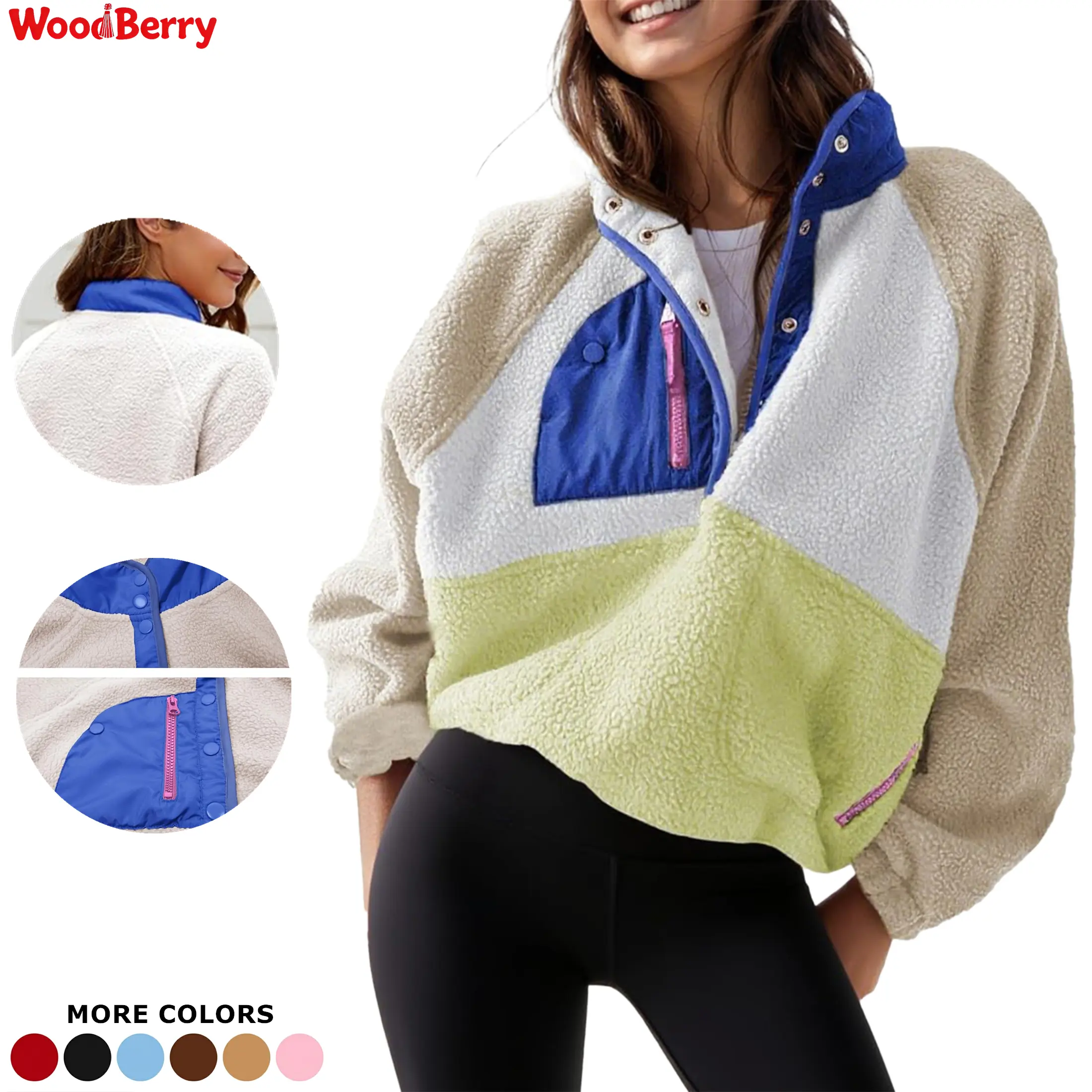 WoodBerry Women's Oversize Loose Long-Sleeve Cropped Fleece Pullover - Lightweight Fuzzy Sherpa Sweatshirt Coat with Pockets, Drop Shoulder, Casual Fall Winter Outerwear Tops