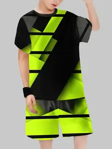 Summer Kids Functional Style Set, Fluorescent Geometric Pattern Short Sleeve Shorts Two-Piece, Casual Fitted for Children