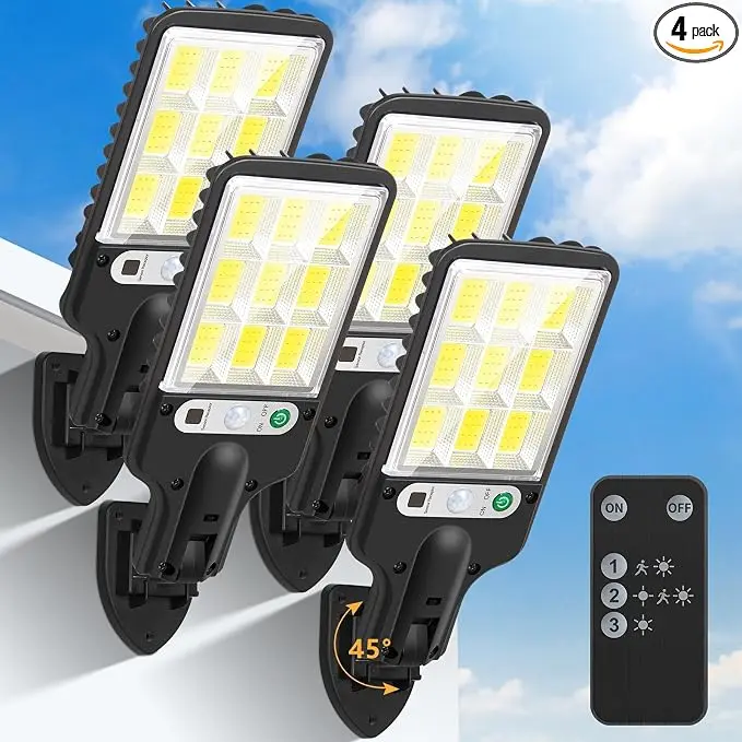 SummerVibes 4-Pack Solar Outdoor Security Flood Lights, 20000LM 9-COB, IP66 Waterproof, Wide Angle, Dusk-to-Dawn, 3 Modes, Wall-Mounted, Motion Sensor & Remote Control, for Garden, Commercial Use