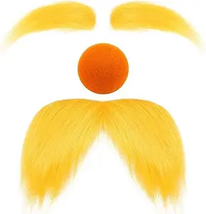 Yellow Mustache and Eyebrows Orange Nose, Self Adhesive Fake Mustache Beard Stick on Funny Costume Accessories Halloween Cosplay Party Favors for Men Women Adult