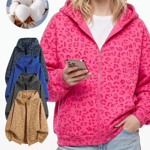 Unisex Leopard Print Zip-Up Hoodie Sweatshirt, Loose Drop-Shoulder Long Sleeve Outerwear, Available in Multiple Colors, Casual Fall/Winter Top
