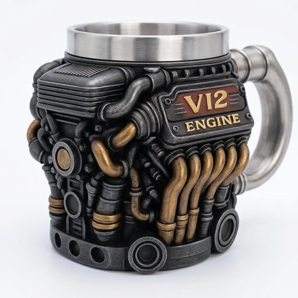 Retro V8 Engine Ceramic Travel Tumbler with Handle - Reusable, Washable Mechanical Design Drinkware, Dishwasher-Safe Morning Brew Mug, Gift Idea for Auto Enthusiasts, Plastic Option Available