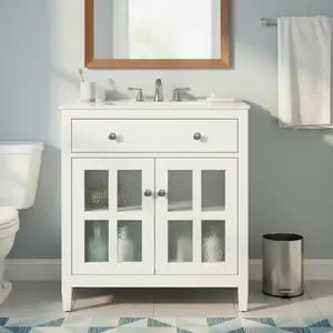 30" Bathroom Vanity with Ceramic Sink, Equipped with Adjustable Shelf and Tip-Out Tray, Bathroom vanity with Solid Wood Legs, Silver Metal Knobs and Soft Close Hinges, White