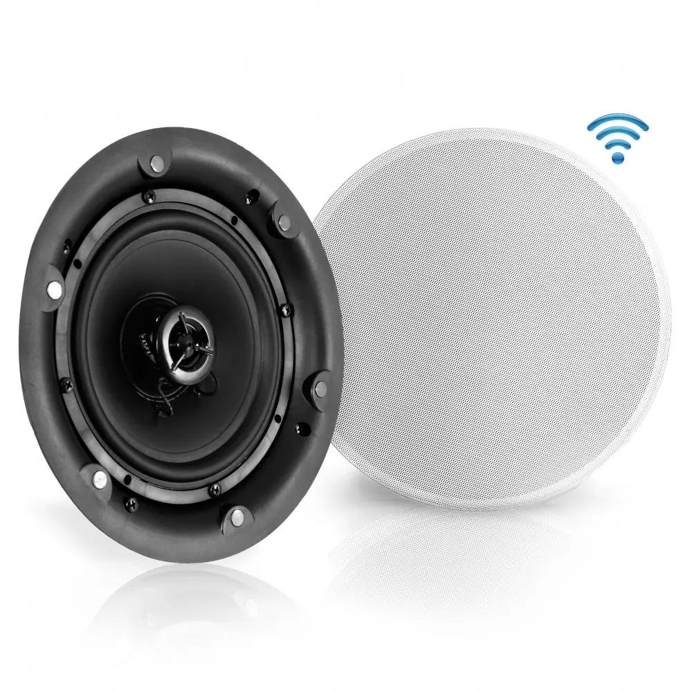 300W White Round Wireless Bluetooth Ceiling-Wall Mount Speaker System with Amplifier, Custom Magnetic Receiver, Stereo Sound, Smartphone & Multi-Device Compatibility, Adapter, Stable Connection