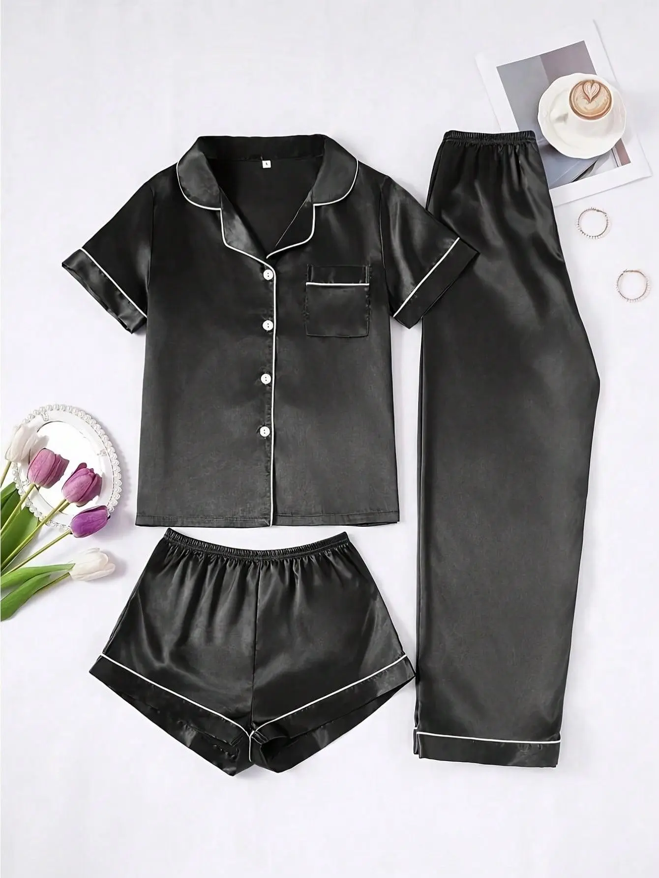Women's Contrast Binding Lapel Shirt & ElasticWaist Pants Satin Pyjama Set, Casual ComfyShort Sleeve Pocket Button Up Top & ElasticWaist Long Trousers PJ Set, Ladies Sleepwear forAll Seasons, Loungewear, Pajamas