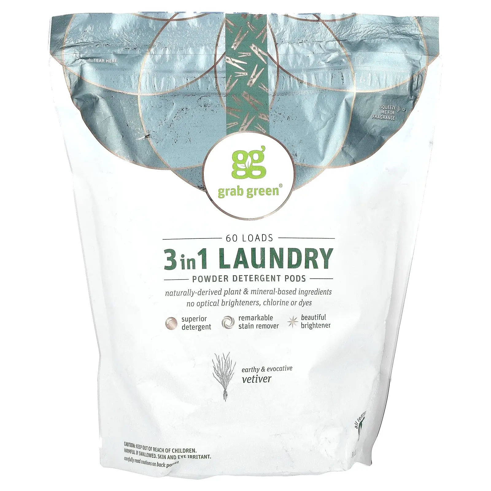 Grab Green 3-in-1 Laundry Powder Detergent Pods, Vetiver, 60 Loads, 2 lbs, 2 oz (960 g)