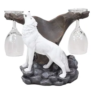 Ebros Rustic Tundra Woodlands Howling Arctic White Snow Wolf Wine Valet Statue As Bottle and 2 Glasses Holder 9.5" Wide Spirit Totem Full Moon Direwolf Timberwolf Decor Caddy Organizer Sculpture