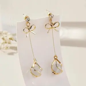 Bow Opal Dainty Earrings for Women Fresh High-End Temperament Earrings with Elegant Bow Design and Teardrop Accents