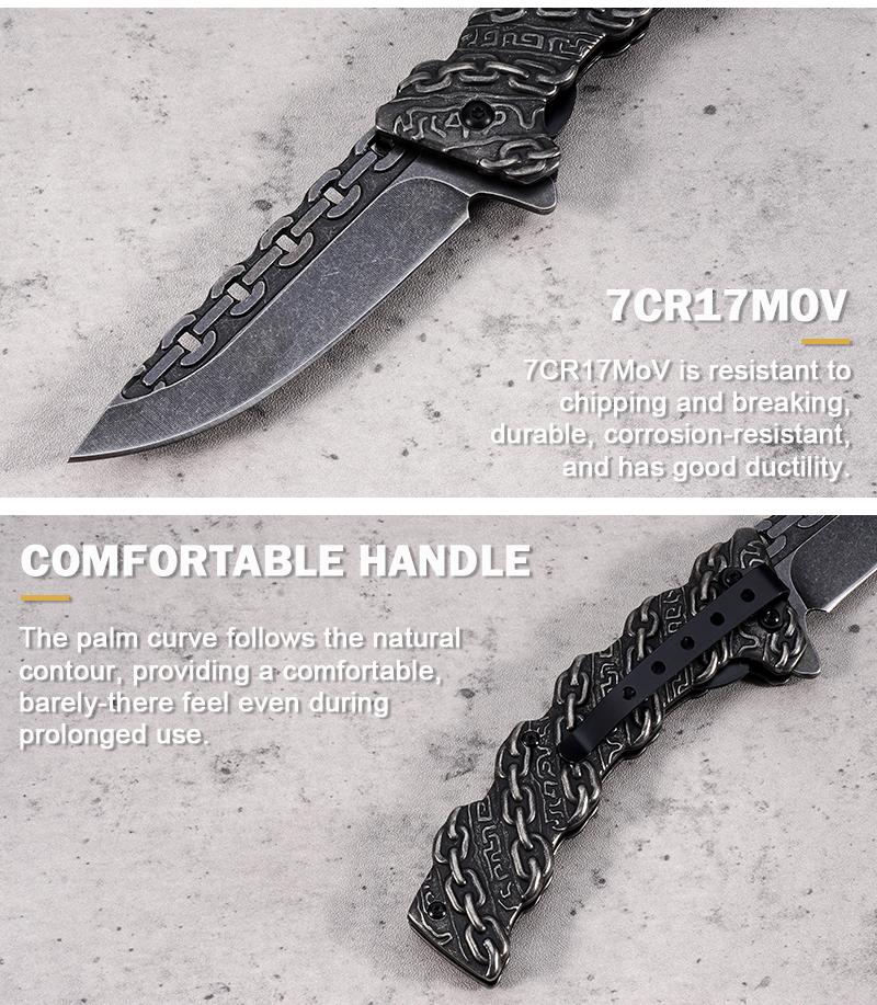 EDC multifunctional lock chain tactical outdoor folding knife, made entirely of steel; convenient pocket/belt clip for easy carry; outdoor cutting tool designed specifically for climbing and fishing; a camping and hiking essential.