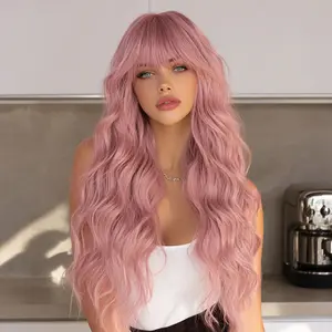 SMILCO/26Inch Dusty Rose Long Wavy with Bangs Synthetic Wig for Cosplay/Women/SM597 Longhair