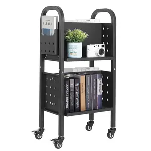 2-Tier Rolling Book Cart With Double-Sided L-Shaped Shelves And Mobile Wheels, Black Finish, Ideal Library And Classroom Storage Trolley, Sturdy Steel Frame, Easy To Move, Space-Saving Book Display And Organization Cart
