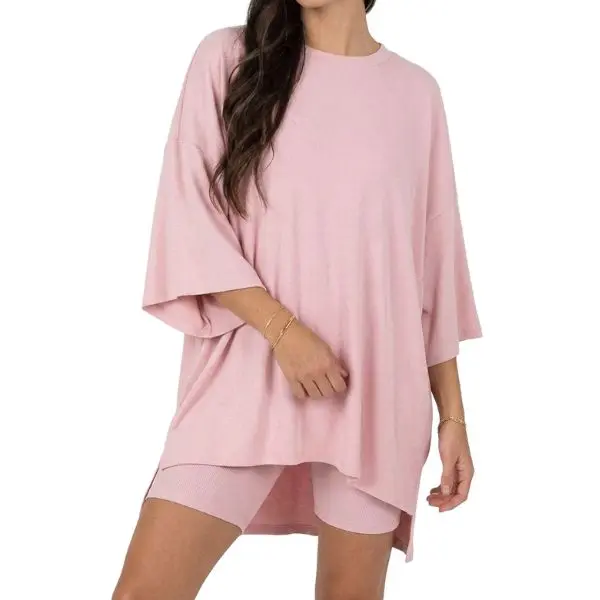 Fisoew Women's 2-Piece Loungewear Set - Oversized Crew Neck, Side Slit 3/4 Sleeve Tunic Top & Ribbed High Waist Biker Shorts for Airport Travel, All Seasons (Blush Pink, Chocolate Brown, Black), Coffee Dates, Convenient, Eliminates See-Through Issues, Ext