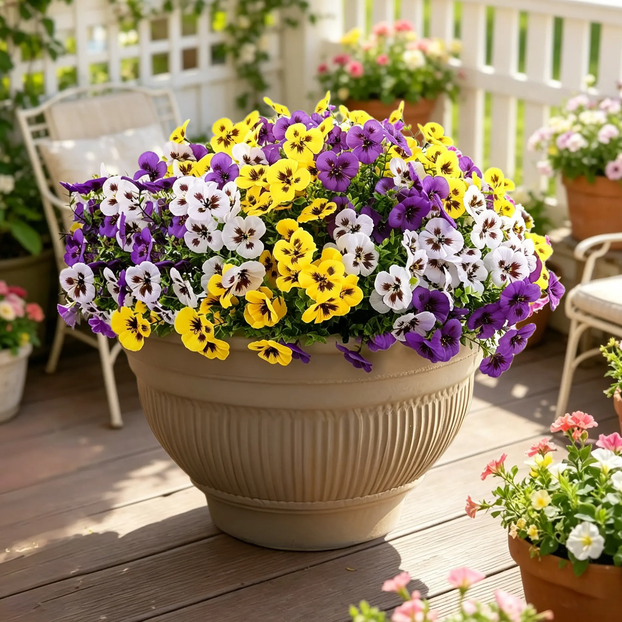 Outdoor UV-resistant artificial pansies; realistic artificial flower arrangements, perfect for porches, patios, courtyards, gardens, balconies, window boxes, and home decor