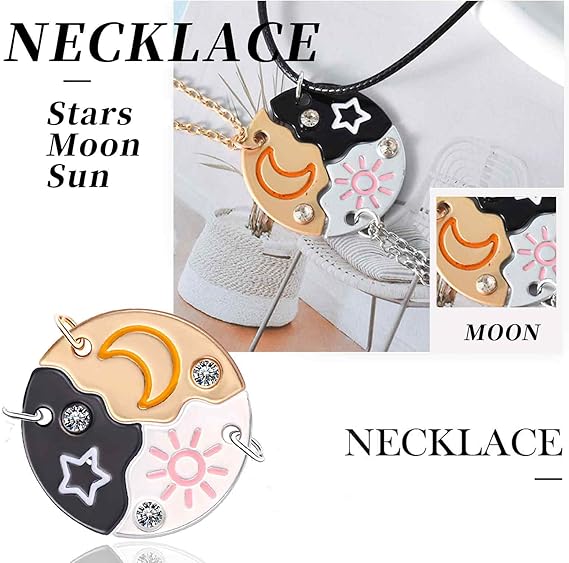 3-Pack Best Friendship Necklaces&Bracelet Set, Sun Star Moon Puzzle Matching Pendant Necklace& Bracelet Forever Three Friends Bff Sister Jewelry Gifts for Anniversary Birthday