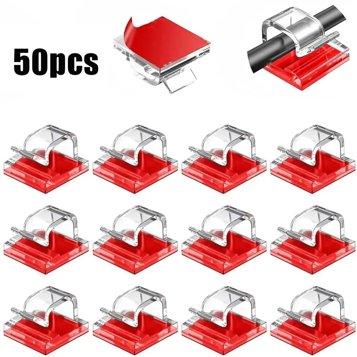 50pcs Acrylic Cord Organizer Clips - Transparent Back Wall-Mounting Cable Hider Kit, USB Charging Data Line Holder, Office & Desk Accessories for Home Office Organization