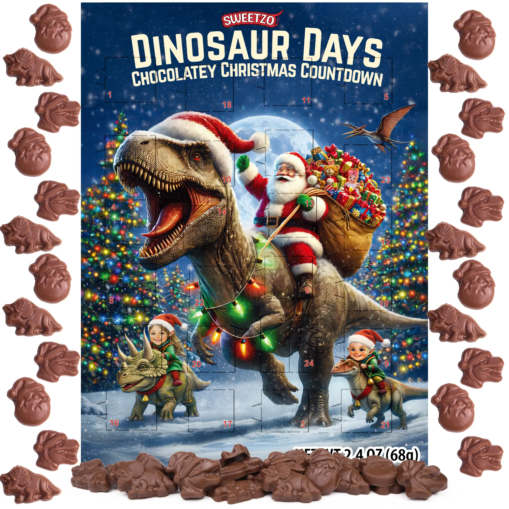 Christmas Dinosaur Advent Calendar, 24 Day Countdown with Chocolatey Candies, 2.4 Ounces