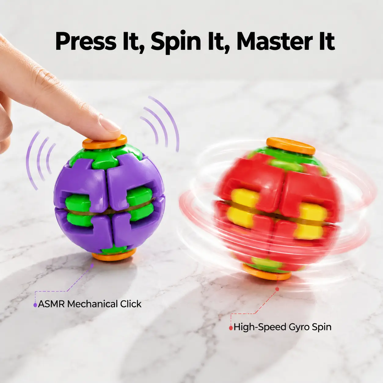 Pop-N-Spin Mechanical Fidget Ball | Clickable ASMR Desktop Spinner, Sensory Rotating Toy for Stress Relief & ADHD Attention Improvement, Pocket-Sized Office Accessory, 4 Color Choices