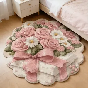 French light luxury rose pattern living room sofa carpet Valentine's Day romantic pink bedroom decoration bedside carpet bow gift box design balcony bay window plush carpet washable entry entrance anti-slip carpet office study swivel chair floor mat