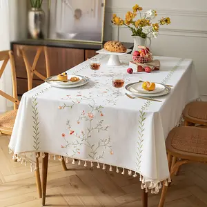 1pc Nordic Linen Tablecloth Small Flower Coffee Table Tassel Cover Rectangular Tablecloth 55*70.8inch