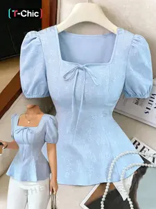 New Women's Fashion Chic Versatile French Bow Tie Belt High-End Bubble Sleeves Elegant Embroidered Fabric Shirt, Casual Loose-Fitting Short Sleeve Blouse, Casual Classy Top, Womenswear