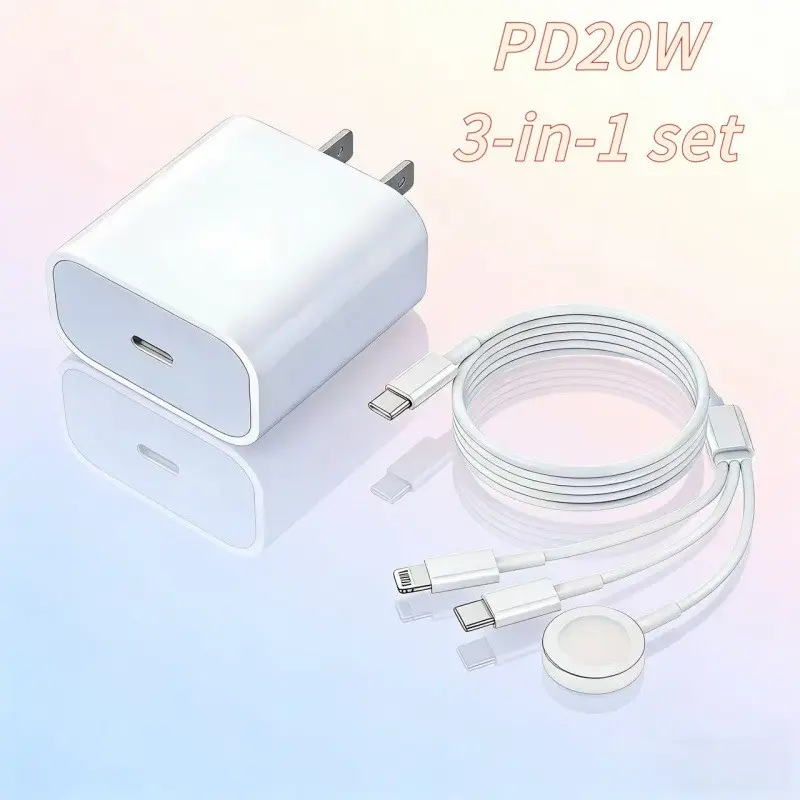 Apple Phone/watch Portable Charger Fast Charging, 3-In-1 Multi-Charger Cable with 20w USB-C, Iwatch 1.2m Charging Line, Compatible with iPhone & Apple Watch Series