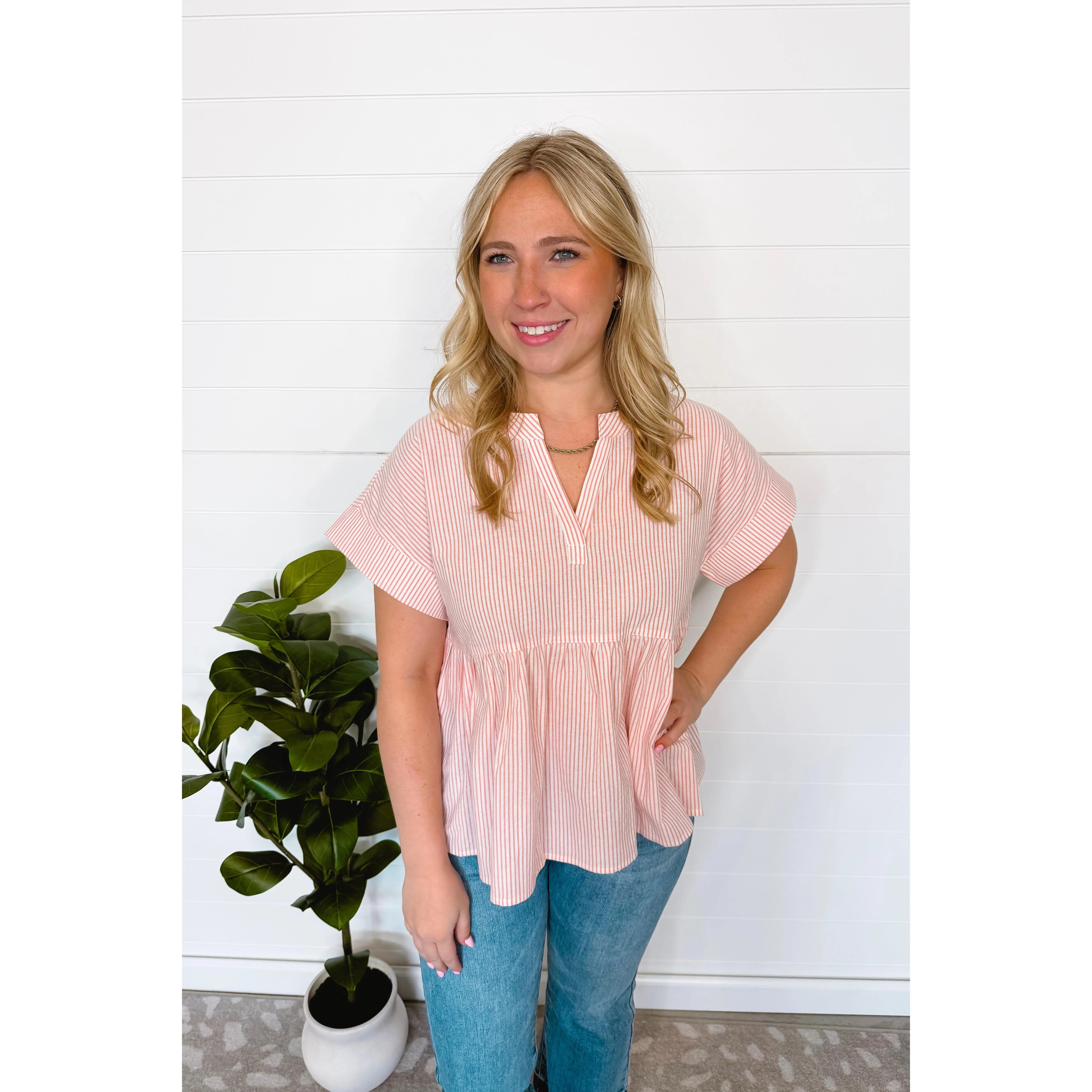 Annie Striped Split Neck Peplum Top - Blush