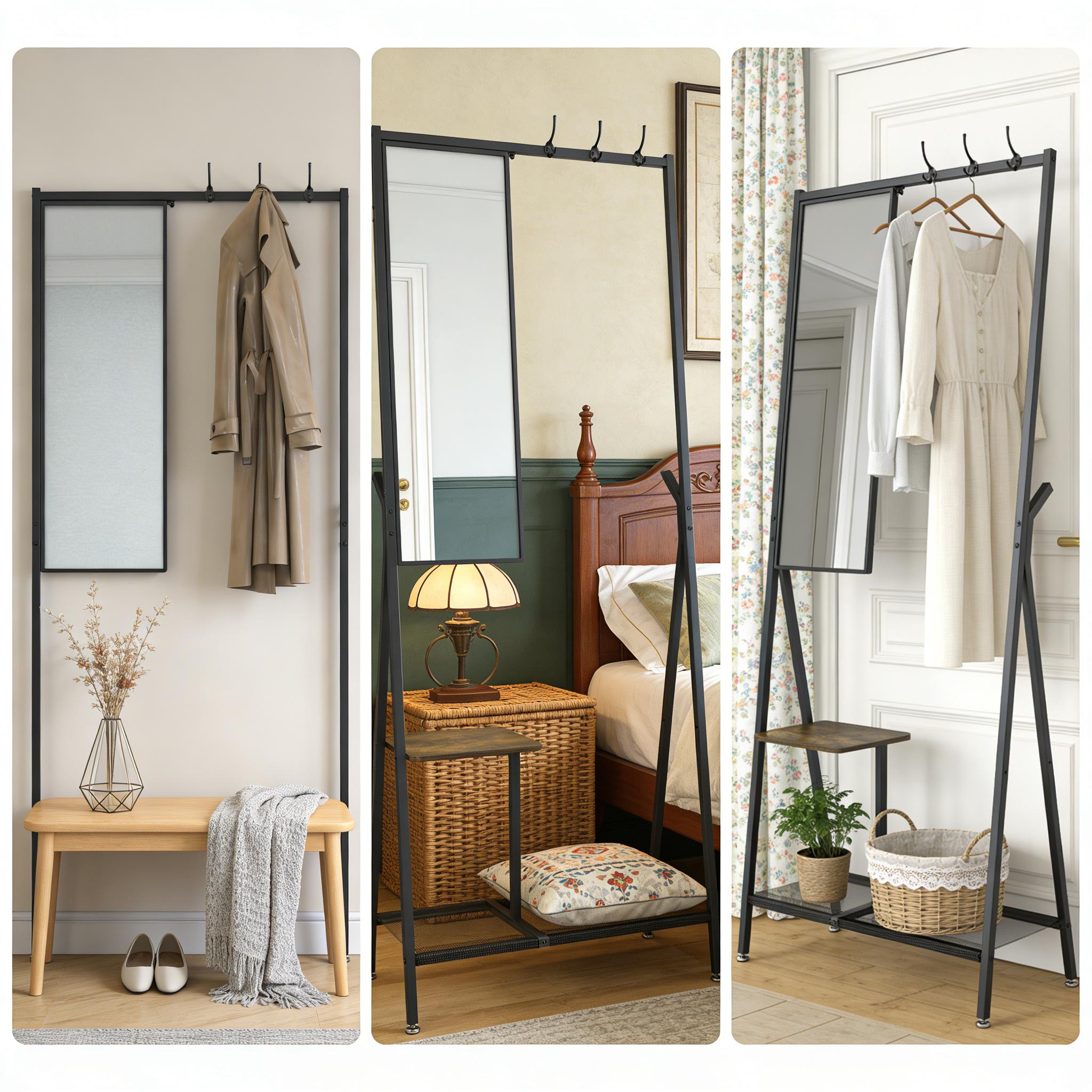 CoatRackwithMirror-MultifunctionalHallTreewithShoeStorage,MetalFrame73"TallIndustrialStyleRusticBrownBlackforEntrywayLivingRoomBedroom,SpaceSavingWallMountedFreestandingOrganizerFurnitureforApartmentDormEssentials