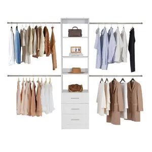 fathersdaygift VEVOR Closet System with 3 Drawers, Adjustable Height Wooden Closet Organizers, Modern Walk-in Wardrobe Organization with 4 Retractable Clothes Hanger Rods, Freestanding Garment Rack Storage, White