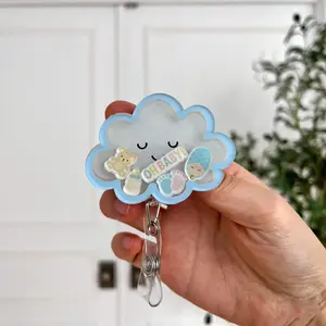 Oh Baby Cloud Shaker Badge Reel – Cute Pediatric Nurse Medical ID Holder, Retractable Badge Clip