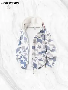 Unisex Camo Shark Zipper Embroidered Long Sleeve Hoodie, Fall Winter Fleece Sweatshirt, Casual Outdoor Pullover, Trendy All-Season Top