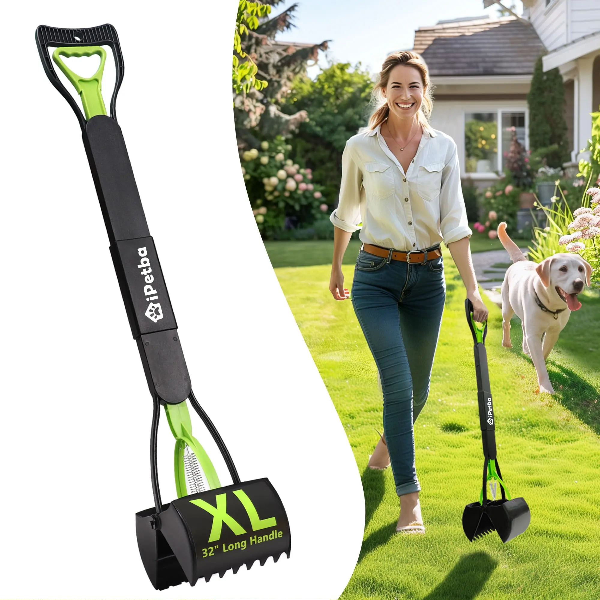 IPETBA 32-inch XL Dog Pooper Scooper - 4-in-1 Foldable Long Handle, Portable Pet Poop Picker Upper, Non-Breakable Durable Spring, Built-in LED Light, Compact & Travel-Friendly for Camping, Gravel, Dirt, Grass