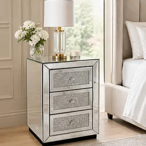 ARCH 3-Drawer Mirrored Nightstand Bedside Table with Glass Accents Silver Finish MDF Contemporary Bedroom End Table Storage Cabinet for Living Room Entryway, 15.75x15.75x22.8 Inches, Silver Color Options, MDF+glass Material, Contemporary Style