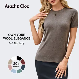 Arach&Cloz 2026 Women's Wool Blend Loose Fit Soft Summer Sweater Short Sleeve Crew Neck Casual Pullover Tops Trendy Outfits SpringStatements