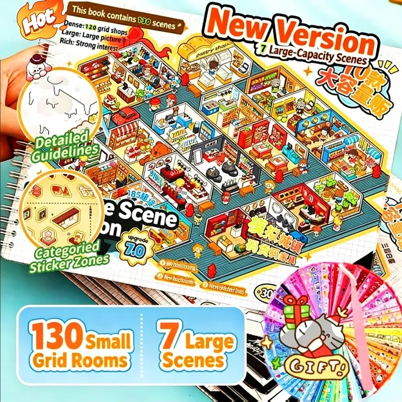 [Guideline Version · Large Size] Street View Series Sticker Scene Book, Diverse Cubicle Themed Puzzle Stickers, DIY Decorative Stickers for Crafting, Cute Cartoon Stickers, Creative Stickers for Scrapbooking, Screen-free Hobby, Journals, Halloween Horror