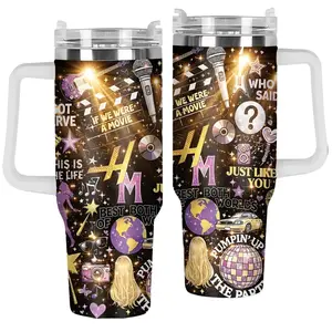 HannahMontana 20th Anniversary Tumbler 40oz with Handle, Tumblers Purple Pop Star Drinkware Vacuum, Kpop Merch, Bottles Water Tumblers Stainless Steel Mug, Gift For Fans