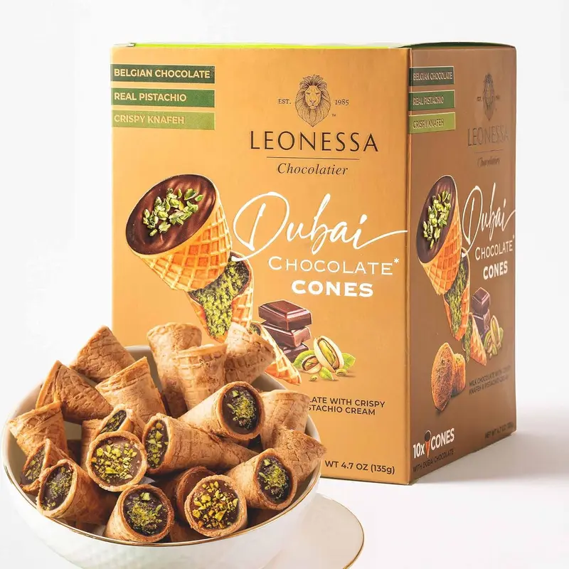 Leonessa Dubai Chocolate Cones with Pistachio Kunafa | Made with Premium Belgian Chocolates | Kunafa Chocolate | Chocolates de Dubai - 4.7 oz Snack