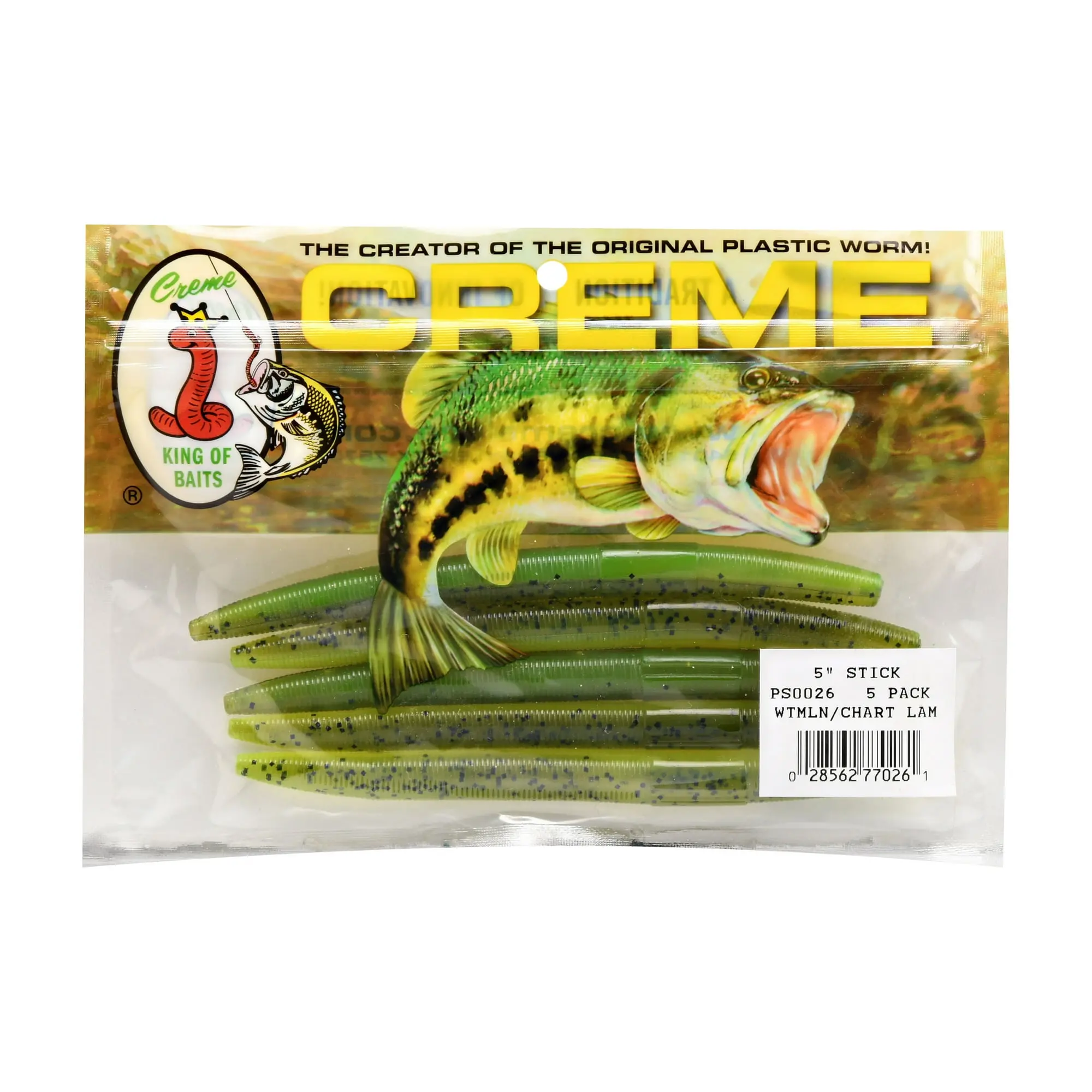 Creme 5" Stick Lures for Bass – Watermelon Chartreuse Color, Soft Plastic Fishing Baits, Versatile Rigging Options, Pack of 5 Durable, Realistic Lures