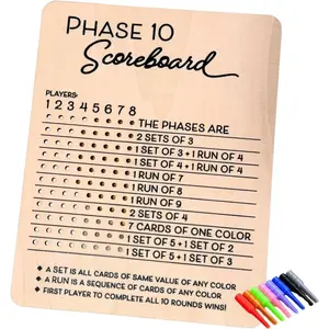 Phase 10 Score Board, 2025 New Wooden Phase 10 Scoreboard with 8 Colored Pegs, Phase Ten Score and Round Tracker Fun Board Card Games for Party Family Adults