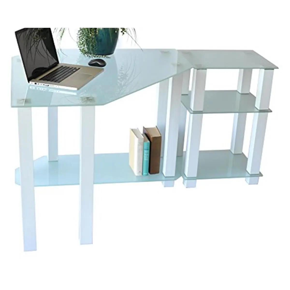 RTA Home & Office  Clear Tempered Glass Corner Computer Desk with Right Extention Table, White, Extension Table, Sturdy Computer Desk
