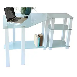 RTA Home & Office  Clear Tempered Glass Corner Computer Desk with Right Extention Table, White