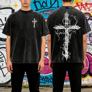 LuxeLifeSelections Thorn Cross Gothic Cross T-shirt Washed Biblical Cross Art Tee Jesus Tshirt , Cross Tee, Christian Apparel Streetwear Menswear Oversized Top Men and Women Bible Verse Church Outfit Gym Pump Cover