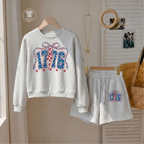 Women’s “1776” American Flag Graphic Sweatshirt and Drawstring Shorts Set, Casual 2-Piece Outfit, Long Sleeve Pullover Top and Matching Shorts Set, Patriotic Comfortable Loungewear for Daily Wear, Travel and Spring Fall Fashion