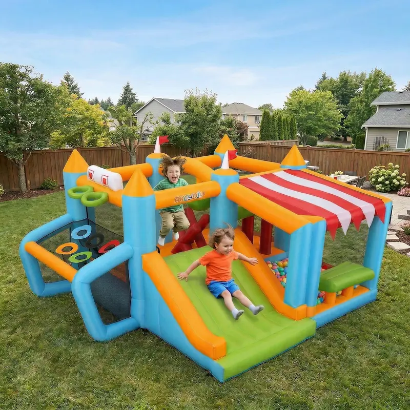 AKEYDIY Multifunction Abrasion-Resist Inflatable Bounce House Playground - Giant Jumper with Slide, Basketball Hoop, Football Goal, Punching Ball, X-Obstacles, Ring Toss, Blower Included, 150"×129"×81", Indoor/Outdoor Kids' Party Gift