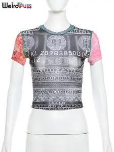 Weird Puss See Through Crop Tops Women Numeral Print Short Sleeve O-Neck Sexy Club Patchwork Streetwear Skinny Hot Girls Tees
