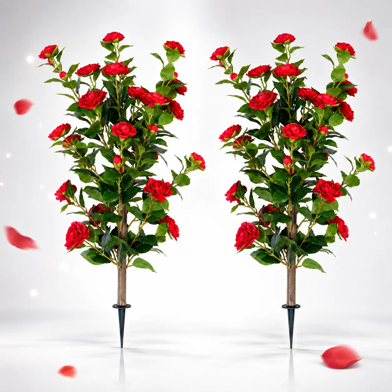 2 Pack 35" Red Artificial Camellia Flower Stakes, Lifelike Faux Flowering Shrubs, Weather-Resistant Garden Decor for Lawn, Porch & Walkway