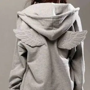 Women Grey Angel Wing Embroidered Hoodie Cute Kawaii Pullover Sweatshirt Wing Decoration Back Y2K Street Harajuku Loose Pullover